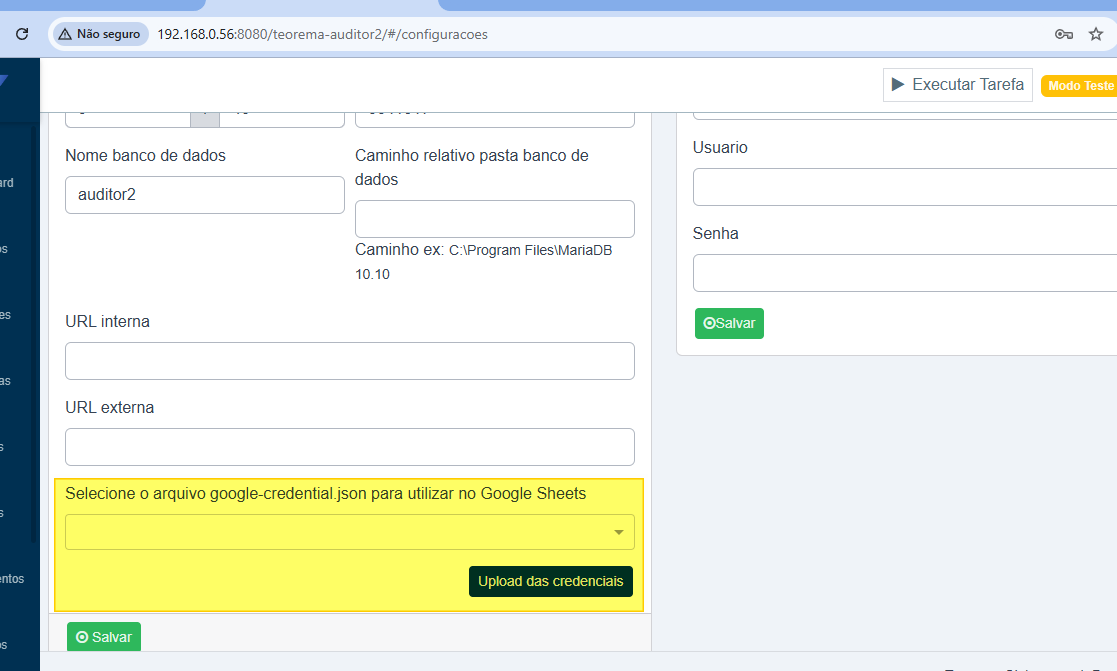 Tela de Configurações do Teorema Auditor com seção de integração Google Sheets destacada em amarelo, exibindo campo de seleção do arquivo google-credential.json e botão Upload das credenciais