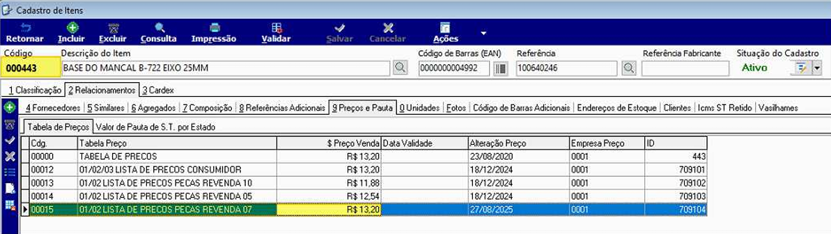Cadastro de Itens — aba Preços e Pauta exibindo as tabelas de preços vinculadas ao item BASE DO MANCAL B-722 EIXO 25MM; a linha 00015 com tabela 01/02 LISTA DE PREÇOS PEÇAS REVENDA 07 está destacada com preço de venda R$ 13,20