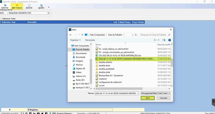 Tela de importação do módulo Específico Geral com a janela de seleção de arquivo do Windows Explorer aberta; o arquivo 2024-06-17-15-14-54-TESTE CHAMADO IMPORTAR PRECO está selecionado e o botão Abrir está visível
