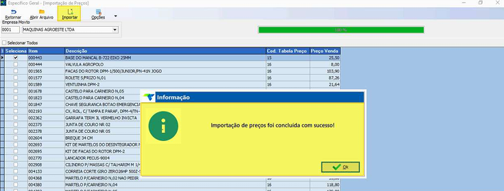 Tela de importação do Específico Geral com a lista de itens carregada e o diálogo de informação exibindo a mensagem "Importação de preços foi concluída com sucesso!" com o botão OK