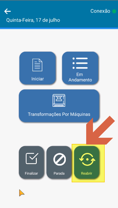 Tela principal do app Teorema OT com os botões Iniciar, Em Andamento, Transformações Por Máquinas, Finalizar, Parada e Reabrir; seta vermelha destaca o botão Reabrir na fileira inferior direita