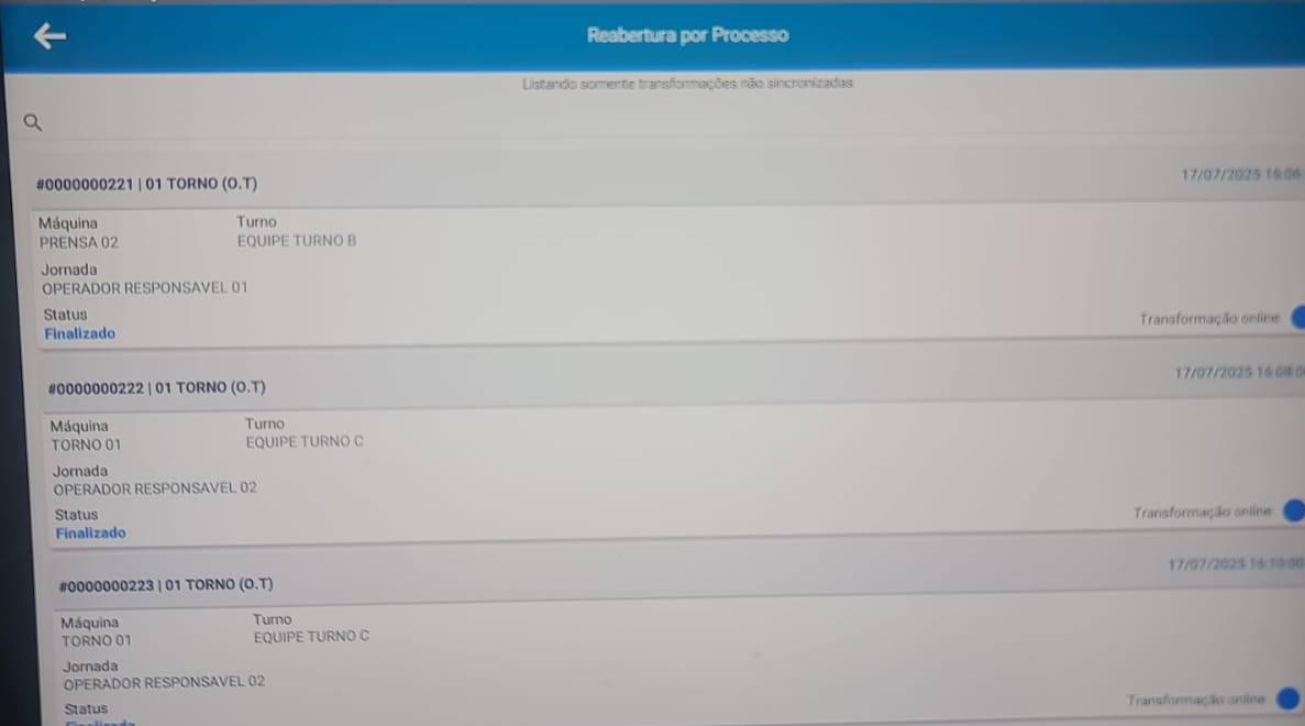 Tela Reabertura por Processo com a legenda "Listando somente transformações não sincronizadas"; exibe registros #0000000221 (PRENSA 02, EQUIPE TURNO B, OPERADOR RESPONSAVEL 01, Status Finalizado, Transformação online), #0000000222 (TORNO 01, EQUIPE TURNO C, OPERADOR RESPONSAVEL 02, Status Finalizado, Transformação online) e #0000000223 parcialmente visível