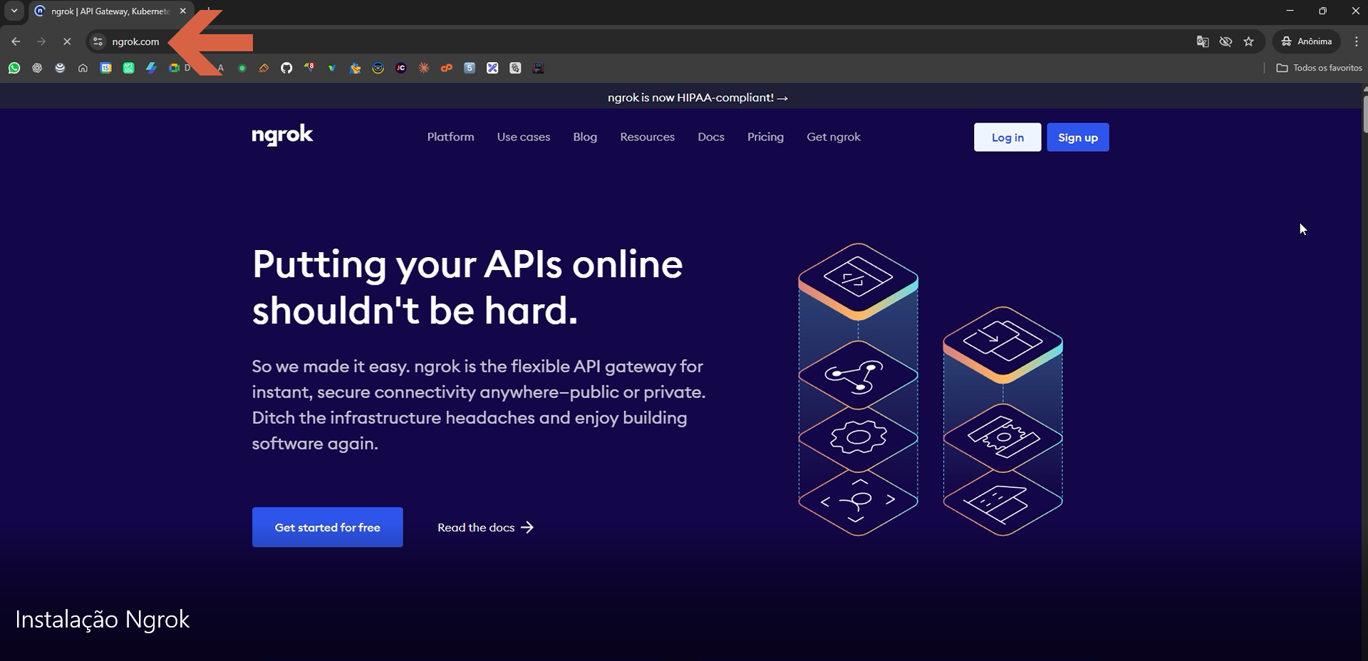 Página inicial do site ngrok.com aberta no navegador, exibindo o slogan "Putting your APIs online shouldn't be hard" e os botões "Get started for free" e "Read the docs"