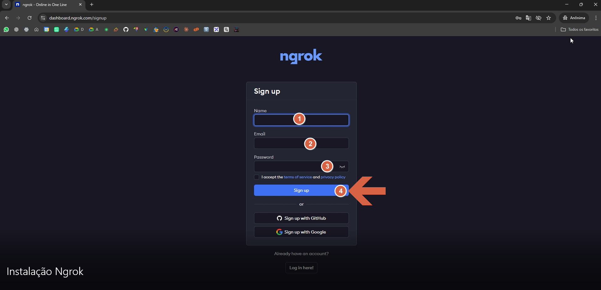 Tela de cadastro do Ngrok em dashboard.ngrok.com/signup com campos "Name" (1), "Email" (2), "Password" (3), checkbox de aceite dos termos e botão "Sign up" (4); abaixo, botões "Sign up with GitHub" e "Sign up with Google"