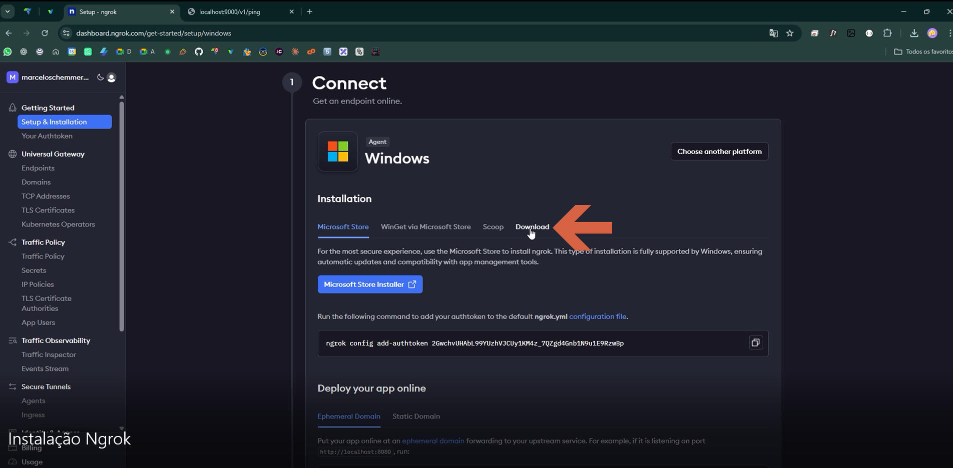 Painel do Ngrok em dashboard.ngrok.com/get-started/setup/windows, seção "Connect", plataforma Windows selecionada; abas Microsoft Store, WinGet via Microsoft Store, Scoop e Download visíveis; seta vermelha apontando para a aba "Download"