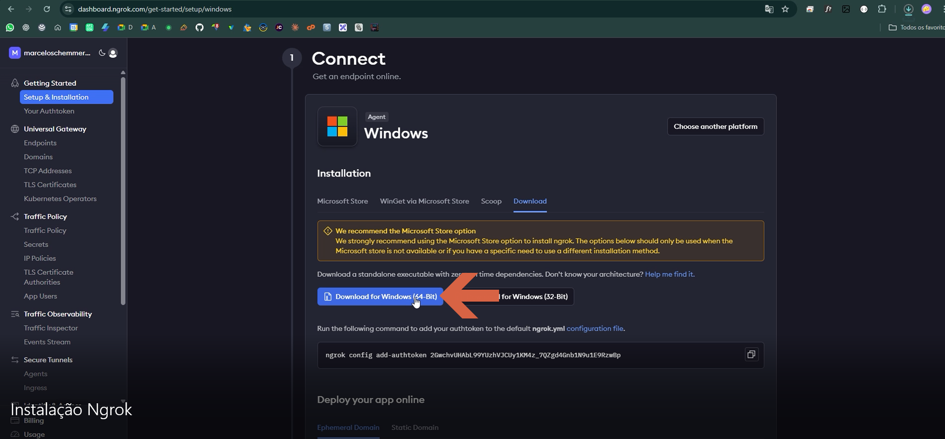 Aba Download do painel do Ngrok exibindo aviso de recomendação do Microsoft Store e botões "Download for Windows (64-Bit)" e "Download for Windows (32 Bit)"; seta vermelha indica o botão "Download for Windows (64-Bit)"