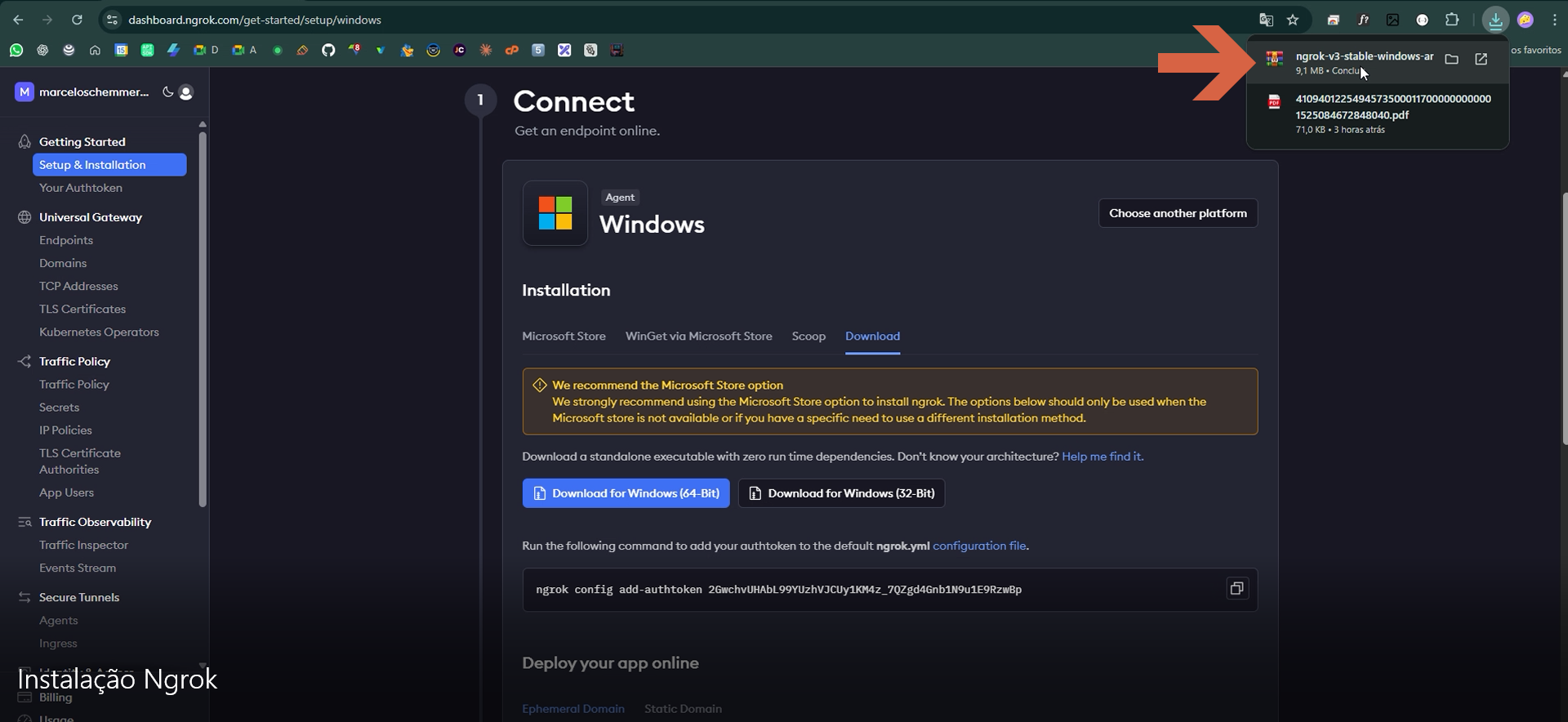 Barra de downloads do navegador exibindo o arquivo ngrok-v3-stable-windows-amd64.zip recém-baixado; seta vermelha indica o arquivo na barra superior