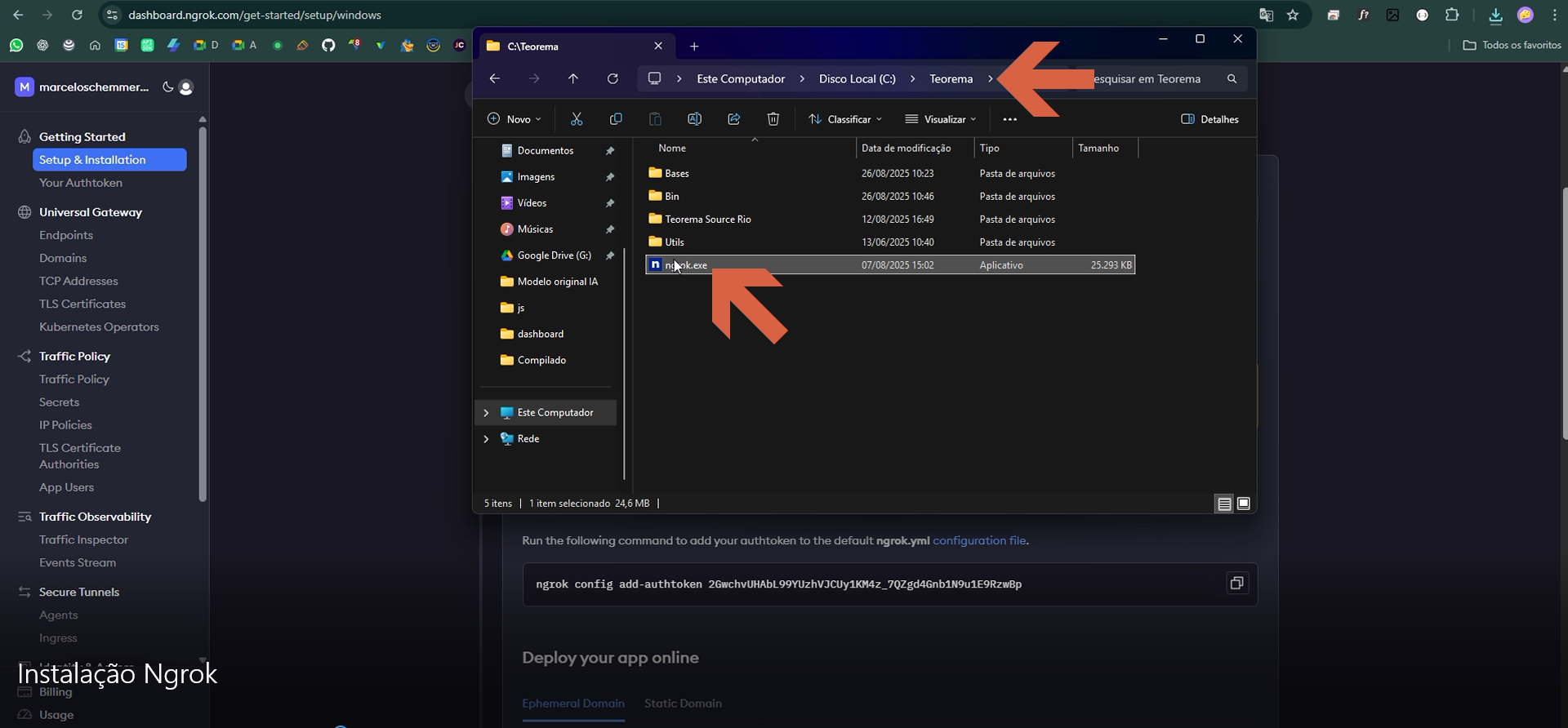 Explorador de arquivos do Windows mostrando a pasta C:\Teorema com o arquivo ngrok.exe destacado por seta vermelha; outra seta aponta para o caminho "Teorema" na barra de endereços