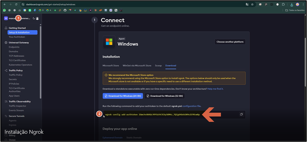 Painel do Ngrok em dashboard.ngrok.com/get-started/setup/windows mostrando o menu lateral com "Setup & Installation" selecionado (seta 1) e o comando "ngrok config add-authtoken" com o token do usuário exibido na seção "Run the following command" (seta 2 com botão de cópia)