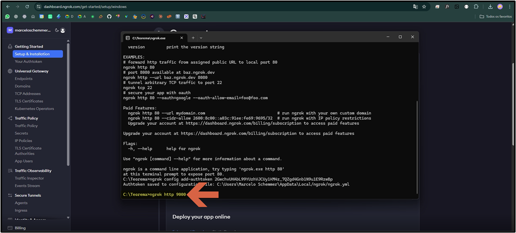 Prompt de Comando do Windows na pasta C:\Teorema exibindo o help do Ngrok após execução; seta vermelha indica a linha com o comando "ngrok http 9000" digitado