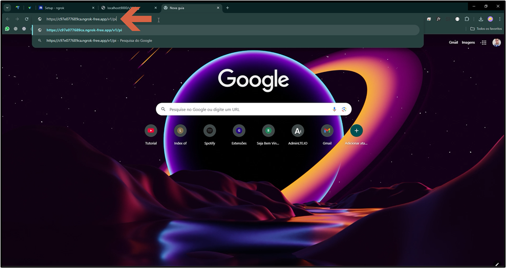 Barra de endereços do navegador com o link público do Ngrok colado, exibindo a página inicial do Google como conteúdo do servidor local acessado remotamente; seta aponta para o endereço ngrok-free.app na barra de endereços