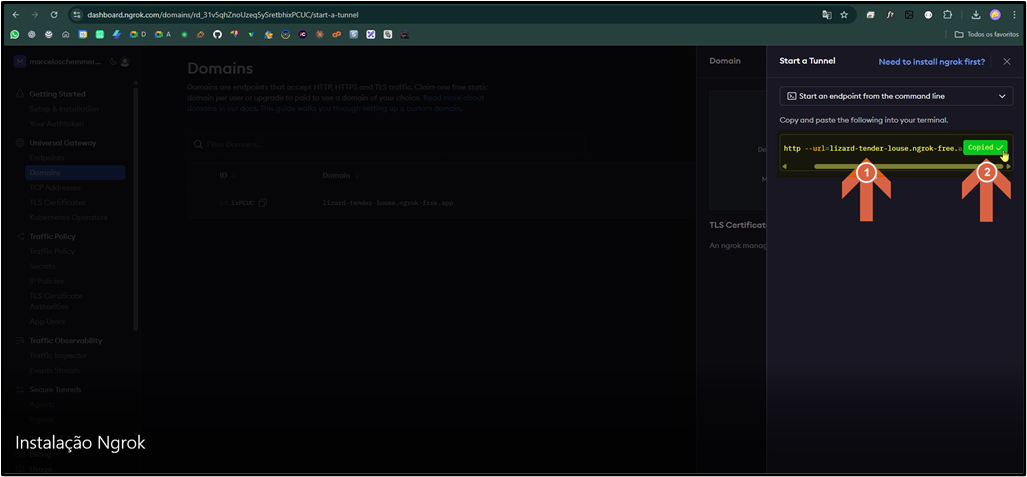 Painel do Ngrok após criação do domínio: lista exibindo o domínio "lizard-tender-louse.ngrok-free.app" na tabela; painel lateral "Start a Tunnel" com o comando "ngrok http --url=lizard-tender-louse.ngrok-free..." e botão "Copied" confirmando cópia; seta 1 indica o comando e seta 2 indica o botão de cópia