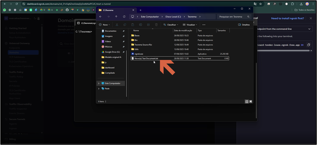Explorador de arquivos do Windows na pasta C:\Teorema mostrando ngrok.exe e um novo arquivo de texto "Novo(a) Text Document.txt" sendo criado; seta aponta para o novo arquivo