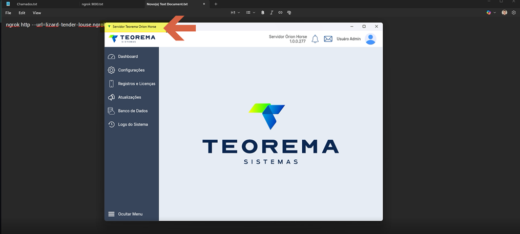 Editor de texto exibindo o comando com o domínio fixo e, ao fundo, janela do servidor Teorema Orion Horse aberta com menu lateral (Dashboard, Configurações, Registros e Licenças, Atualizações, Banco de Dados, Logs do Sistema) e versão "1.0.0.277" no cabeçalho; seta aponta para o título "Servidor Teorema Orion Horse"