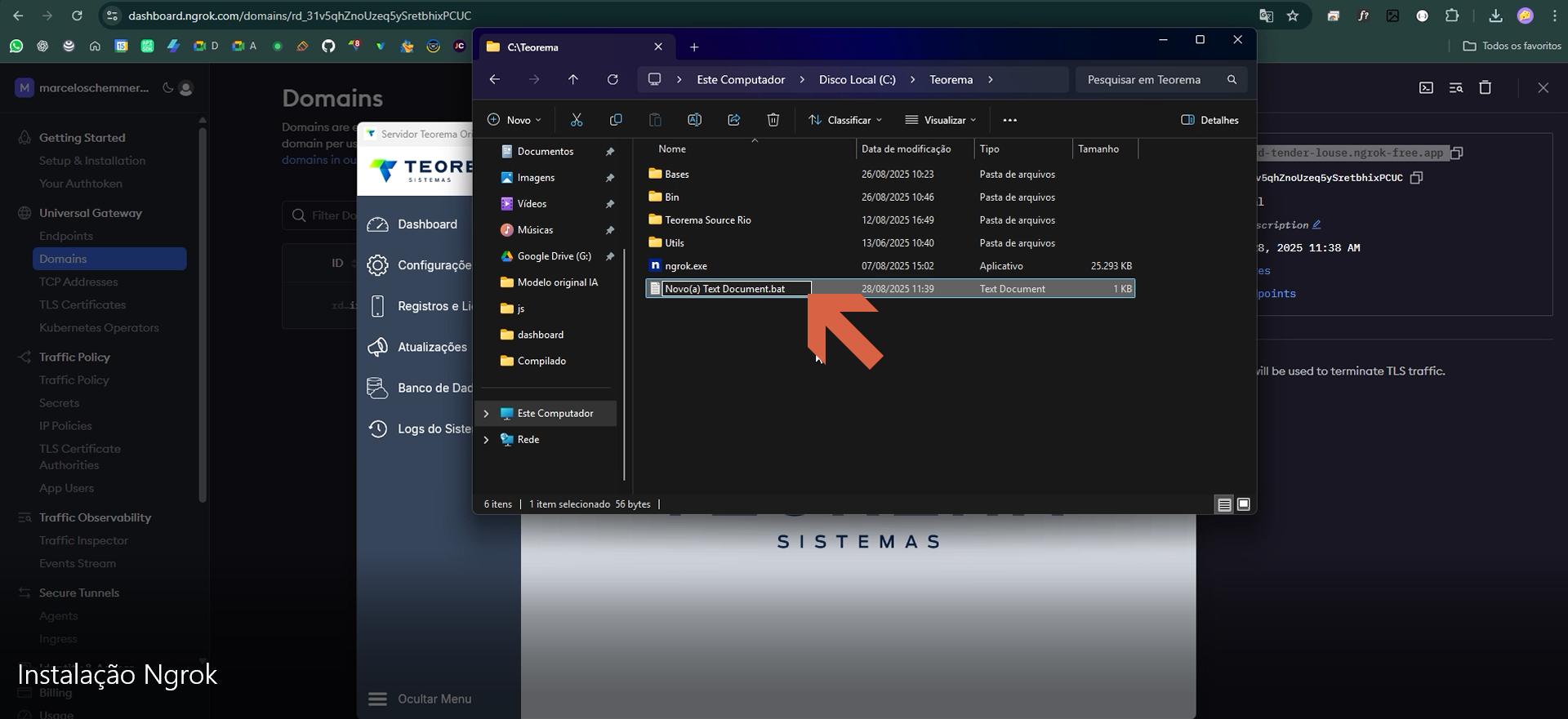 Explorador de arquivos do Windows na pasta C:\Teorema com o arquivo "ngrok-fixo.bat" (ou renomeado) destacado por seta; ao fundo, o painel do Ngrok no navegador
