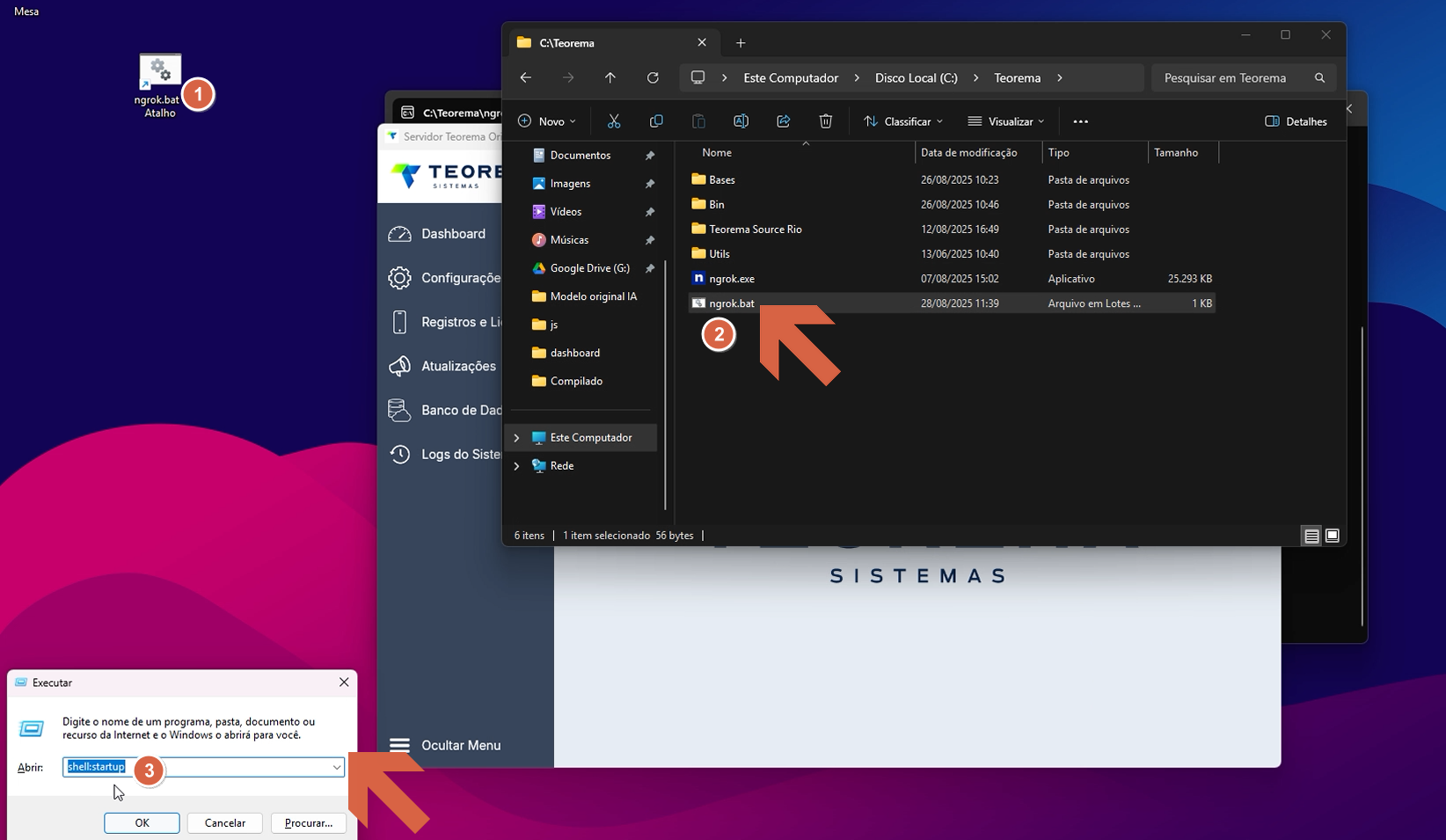 Explorador de arquivos do Windows na pasta C:\Teorema com o arquivo ngrok.bat destacado por seta; ao fundo, a janela do servidor Orion Horse e a área de trabalho com o atalho visível; na parte inferior, a caixa de diálogo "Executar" (Win + R) com o campo preenchido com "shell:startup" (seta 3)