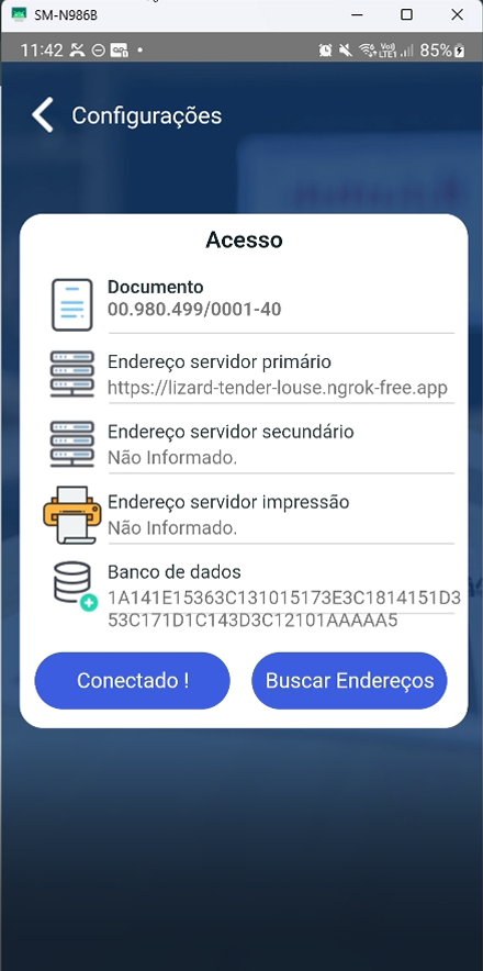 Tela de Configurações > Acesso do aplicativo Teorema O.P. em dispositivo móvel (SM-N986B) exibindo: Documento "00.980.499/0001-40", Endereço servidor primário "https://lizard-tender-louse.ngrok-free.app", Endereço servidor secundário "Não Informado.", Endereço servidor impressão "Não Informado.", Banco de dados preenchido com hash, e botão "Conectado !" e "Buscar Endereços"