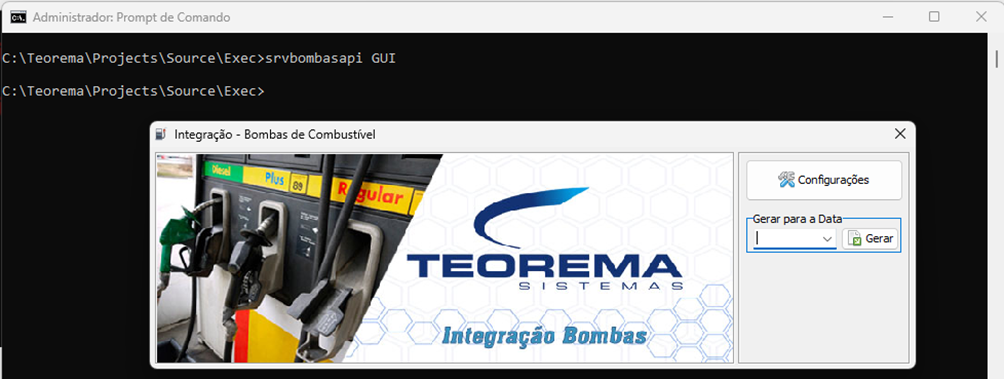 Prompt de Comando com o comando srvbombasapi GUI executado; ao fundo, tela "Integração - Bombas de Combustível" da Teorema Sistemas com botão "Configurações" e campo "Gerar para a Data" com botão "Gerar"