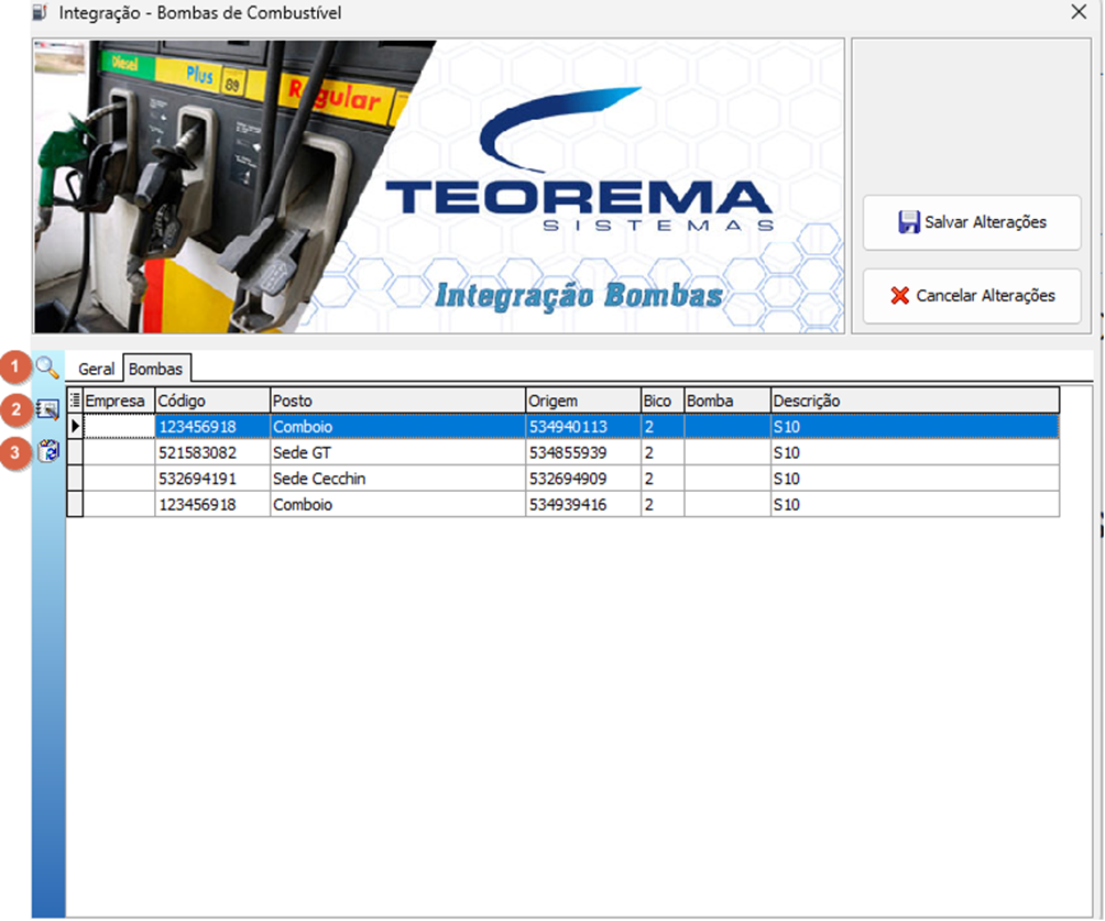 Tela "Integração - Bombas de Combustível" — aba Bombas, com lista exibindo colunas Empresa, Código, Posto, Origem, Bico, Bomba e Descrição; três botões de ação identificados como 1 (pesquisar por data), 2 (editar bomba) e 3 (excluir bomba); exemplos de registros com empresa 123456918/521583082/532694191, postos Comboio/Sede GT/Sede Cecchin, origem 534940113/534855939/532694909, bico 2, bomba 2, descrição S10