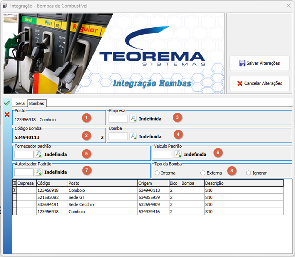 Tela "Integração - Bombas de Combustível" — aba Bombas com formulário de edição de bomba; campos numerados: (1) número do posto recebido pela integração (ex.: 534940113), (2) código da bomba e do bico integrados, (3) empresa destino (campo "Indefinida"), (4) bomba do sistema destino, (5 a 7) dados padrão da bomba, (8) tipo de bomba com opções Interna, Externa e Ignorar; lista inferior exibindo registros de mapeamento