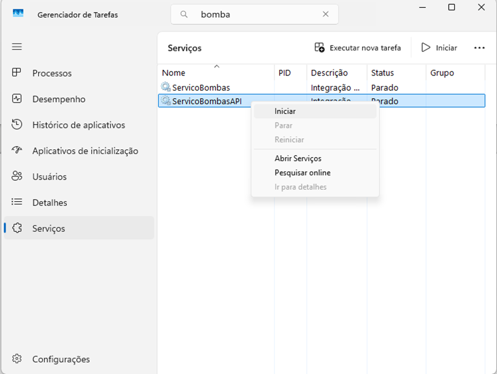 Gerenciador de Tarefas — aba Serviços com pesquisa "bomba"; lista exibe ServicoBombasAPI (status: Parado) selecionado; menu de contexto aberto com opções Iniciar, Parar, Reiniciar, Abrir Serviços, Pesquisar online e Ir para detalhes — opção "Iniciar" destacada