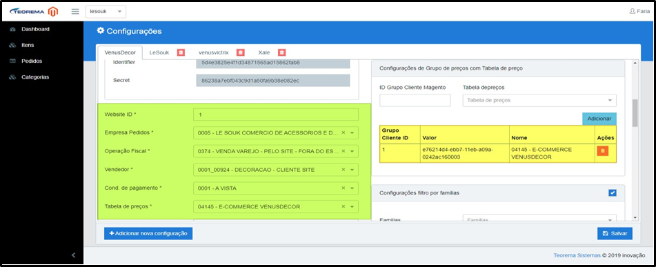 Tela de Configurações do painel de integração Magento. Área verde com campos Website ID, Empresa Pedidos, Operação Fiscal, Vendedor, Cond. de pagamento e Tabela de preços preenchidos. Área amarela "Configurações de Grupo de preços com Tabela de preço" exibe tabela com colunas Grupo Cliente ID, Valor (UUID), Nome e Ações, com uma linha cadastrada para o grupo 1.