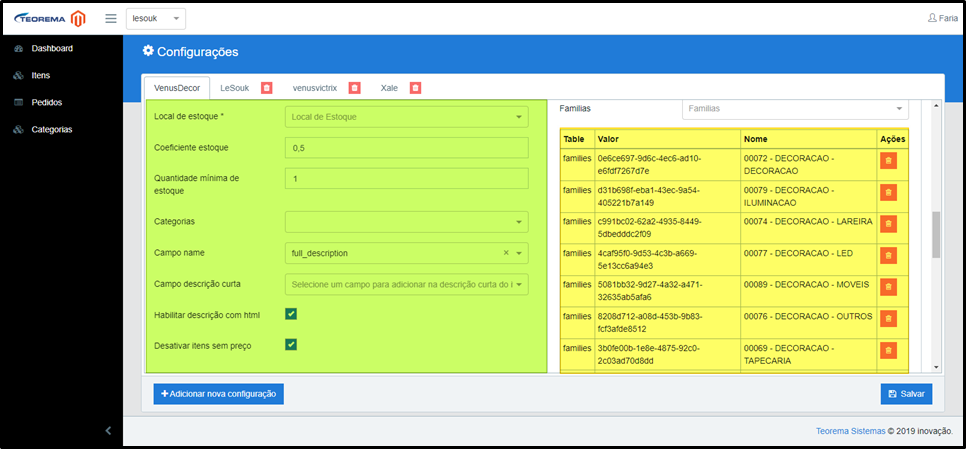Tela de Configurações do painel de integração Magento. Área verde com campos Local de estoque, Coeficiente estoque (0,5), Quantidade mínima de estoque (1), Categorias, Campo name (full_description), Campo descrição curta, checkboxes Habilitar descrição com html e Desativar itens sem preço marcados. Área amarela "Famílias" exibe tabela com colunas Table, Valor e Nome listando famílias DECORACAO (DECORACAO, ILUMINACAO, LAREIRA, LED, MOVEIS, OUTROS, TAPECARIA).