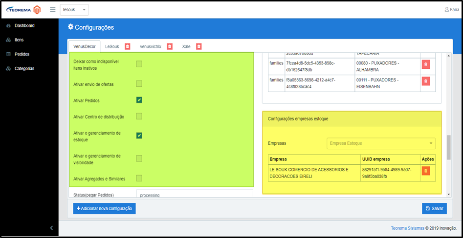 Tela de Configurações do painel de integração Magento. Área verde com checkboxes: Deixar como indisponível itens inativos (desmarcado), Ativar envio de ofertas (desmarcado), Ativar Pedidos (marcado), Ativar Centro de distribuição (desmarcado), Ativar o gerenciamento de estoque (marcado), Ativar o gerenciamento de visibilidade (desmarcado), Ativar Agregados e Similares (desmarcado). Campo Status(pegar Pedidos) com valor "processing". Área amarela "Configurações empresas estoque" exibe tabela Empresa / UUID empresa com uma empresa cadastrada.