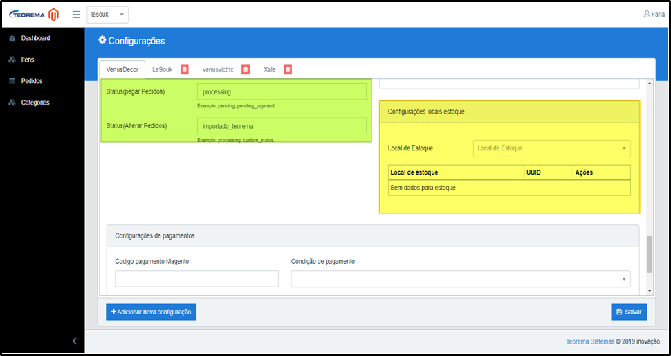 Tela de Configurações do painel de integração Magento. Área verde com campos Status(pegar Pedidos) preenchido com "processing" (exemplo: pending, pending_payment) e Status(Alterar Pedidos) com "importado_teorema" (exemplo: processing, custom_status). Área amarela "Configurações locais estoque" com tabela Local de estoque / UUID / Ações exibindo mensagem "Sem dados para estoque". Seção "Configurações de pagamentos" com campos Codigo pagamento Magento e Condição de pagamento.