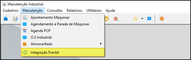 Menu Manutenção Industrial com opção Integração Fractal destacada, ao lado de O.S Industrial, Almoxarifado e demais itens do menu