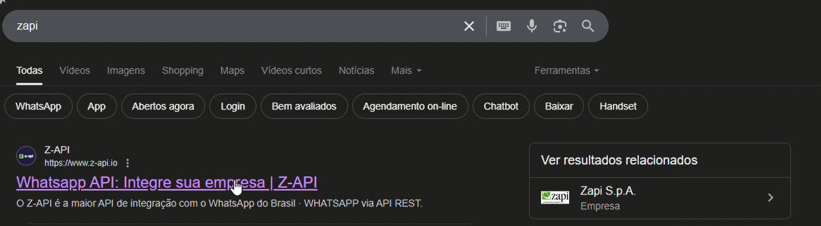 Resultado de busca do Google com a pesquisa "zapi" exibindo o link "Whatsapp API: Integre sua empresa | Z-API" em destaque