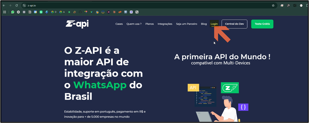 Página inicial do site z-api.io com o botão "Login" destacado no canto superior direito da barra de navegação