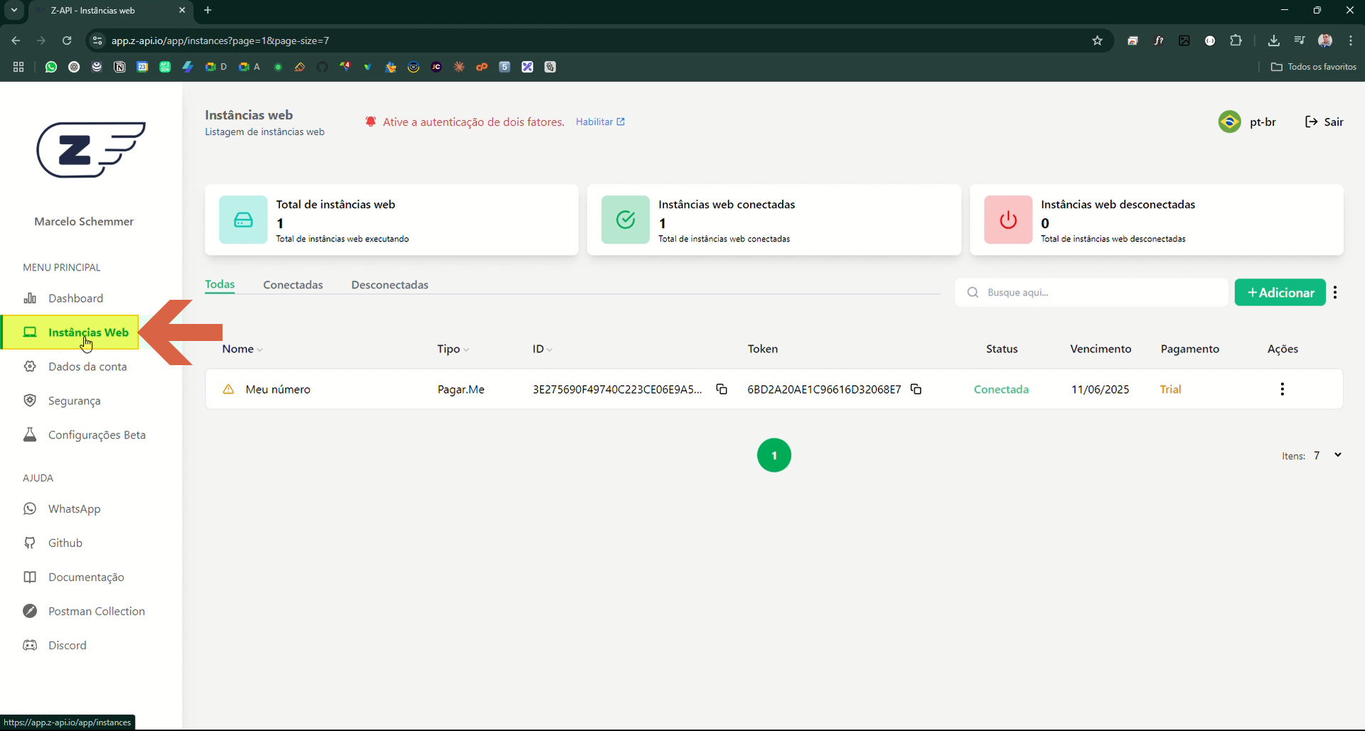 Painel do Cliente Z-API com o menu lateral esquerdo "Instâncias Web" selecionado; lista exibindo uma instância "Meu número" com status "Conectada" e colunas Nome, Tipo, ID, Token, Status, Vencimento, Pagamento e Ações