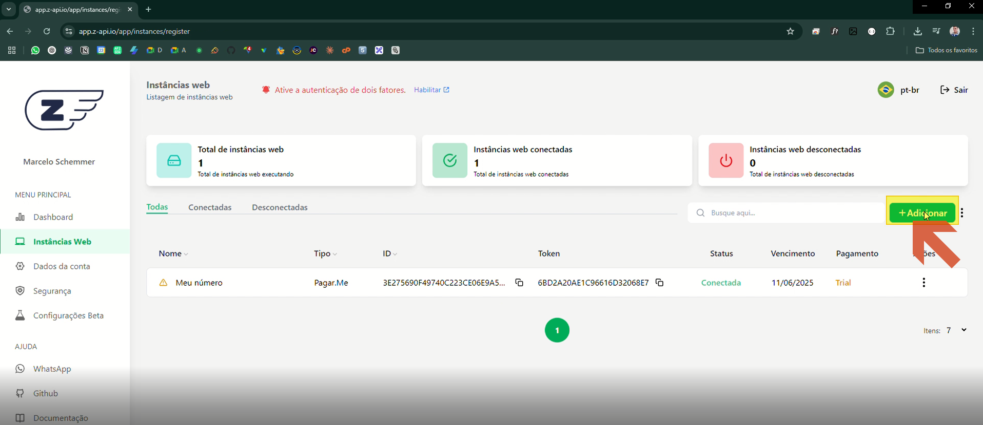 Tela de Instâncias Web do painel Z-API com o botão verde "+ Adicionar" destacado no canto superior direito