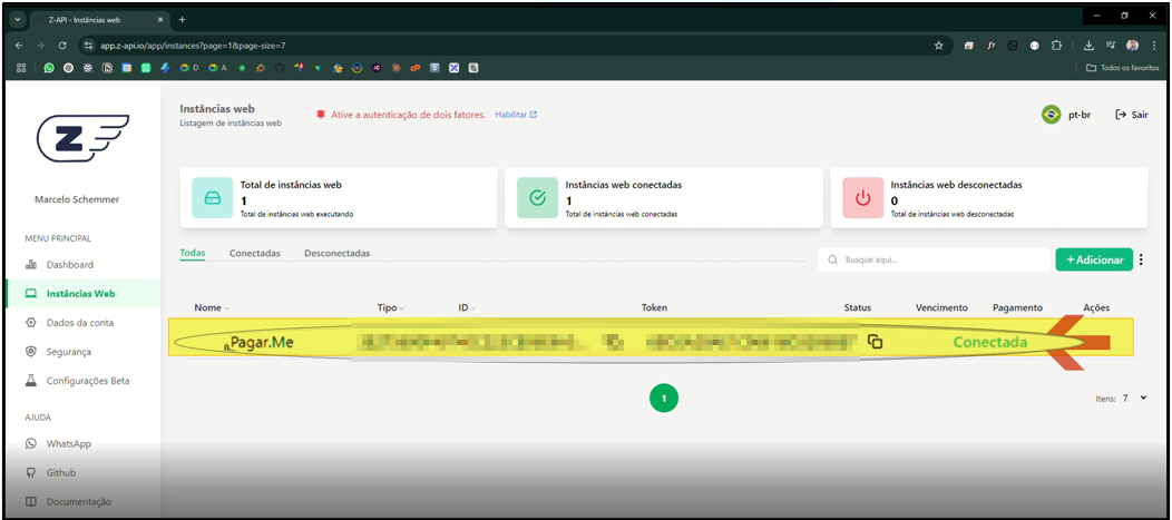 Tela Instâncias Web exibindo uma instância "Pagar.Me" com status "Conectada" em verde, linha da instância destacada e seta indicando duplo clique para edição