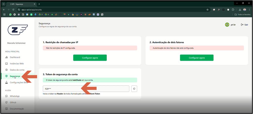 Tela de Segurança da Z-API com as seções: 1. Restrição de chamadas por IP, 2. Autenticação de dois fatores, 3. Token de segurança da conta — com campo exibindo "F29***" (token parcialmente ocultado) e instrução para inserir no Header pelo atributo Client-Token; menu lateral com "Segurança" destacado