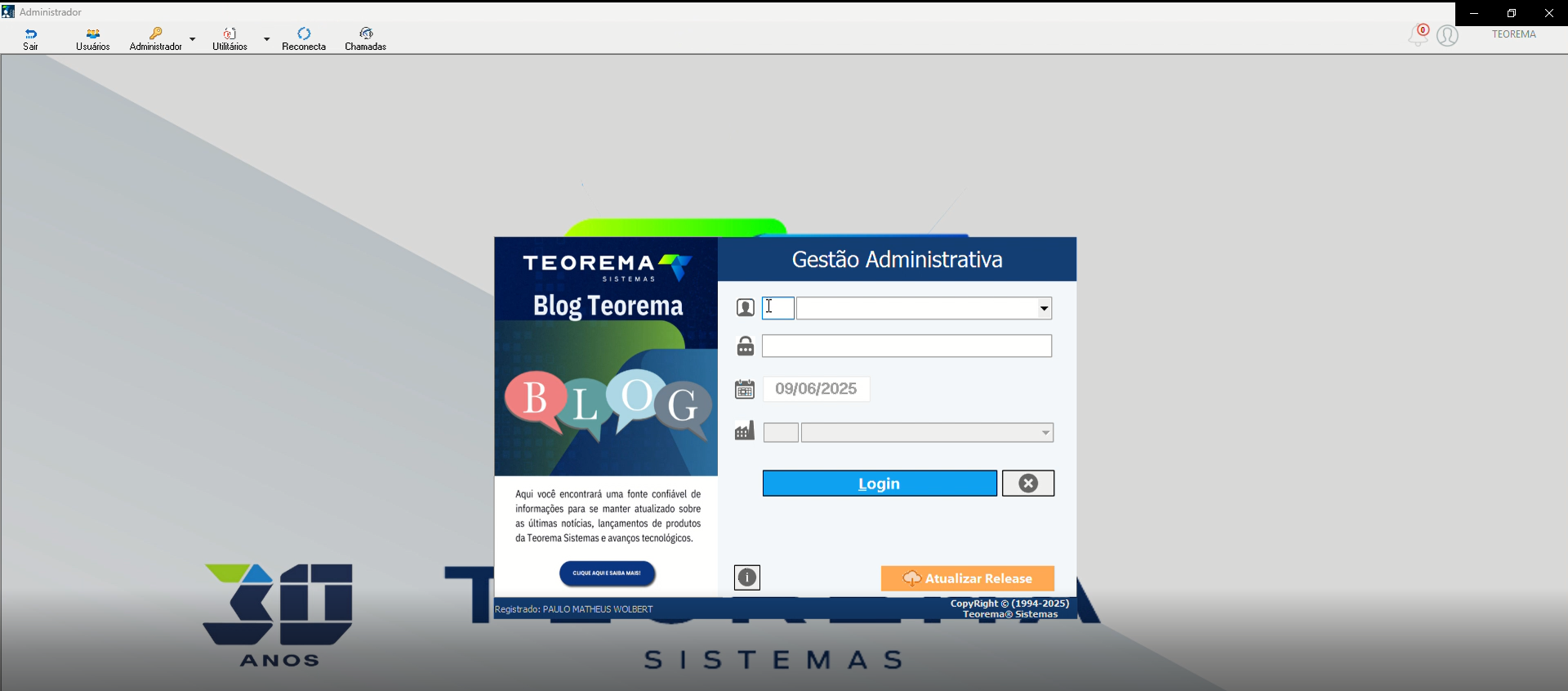 Tela de login do Gestão Administrativa com campos de usuário, senha, data de operação e empresa; botão Login em destaque