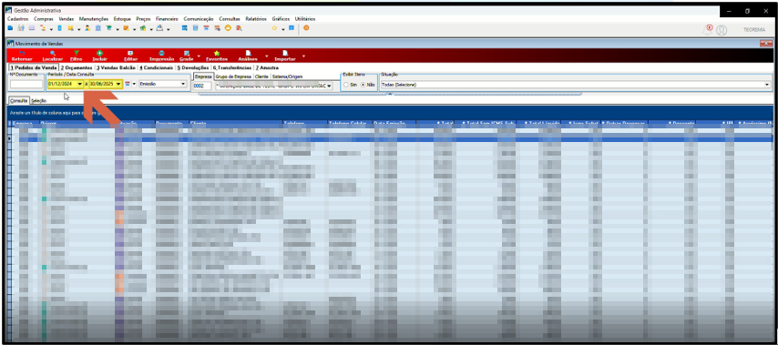 Tela de Movimento de Vendas com filtros de data de emissão, número do documento e empresa; lista de pedidos exibida abaixo com seta indicando o filtro de período