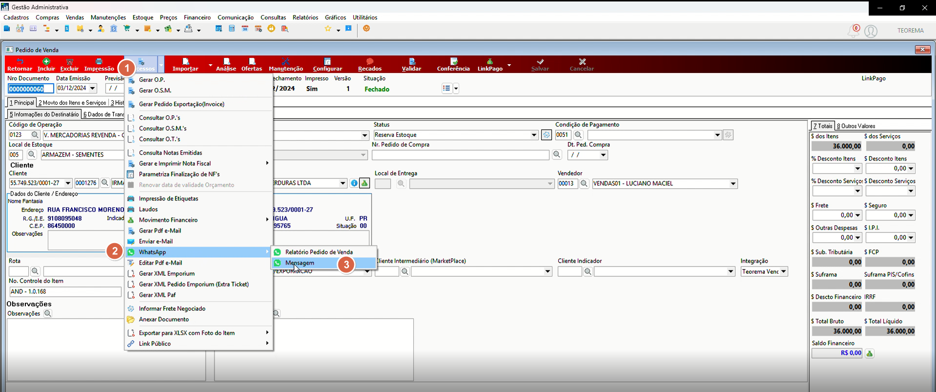 Tela do Pedido de Venda com menu "Processos" aberto; submenu "Enviar e-Mail" expandido exibindo as opções "Mensagem" e outras; seta indicando a opção de envio