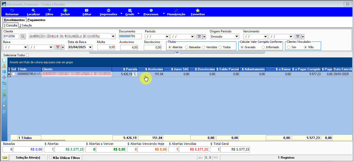 Tela Movimento Financeiro – Contas a Receber com título 0000000795-1/1 listado, colunas $ Parcela, $ Acréscimo e $ Juros SAC visíveis, coluna Sel disponível para marcar