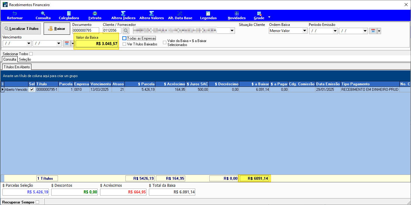 Tela Recebimentos Financeiro com campo Valor da Baixa preenchido com R$ 3.045,57 destacado; título 0000000795-1 listado com $ Parcela R$ 5.426,19, $ Juros SAC R$ 500,00 e $ a Baixar R$ 6.091,14