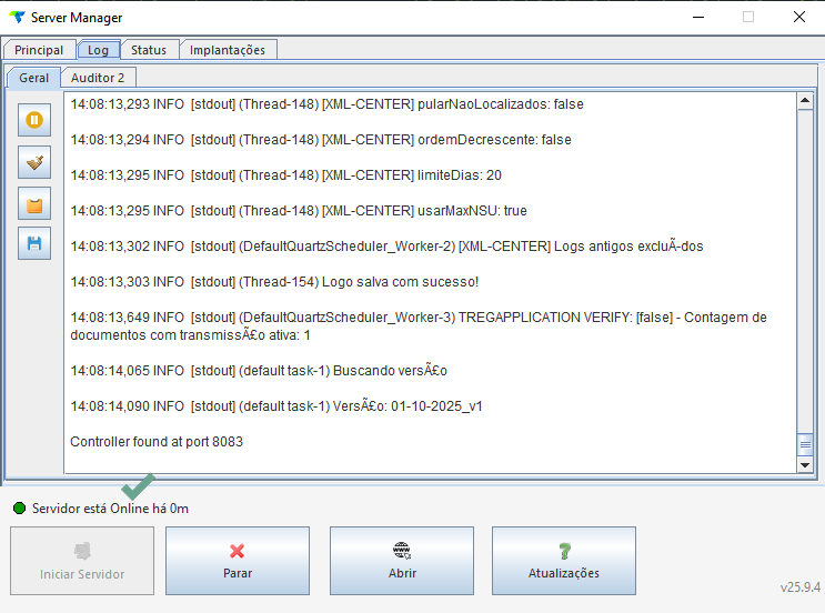 Server Manager — aba Log após atualização, exibindo entradas de log e status "Servidor está Online há 0m" na barra inferior