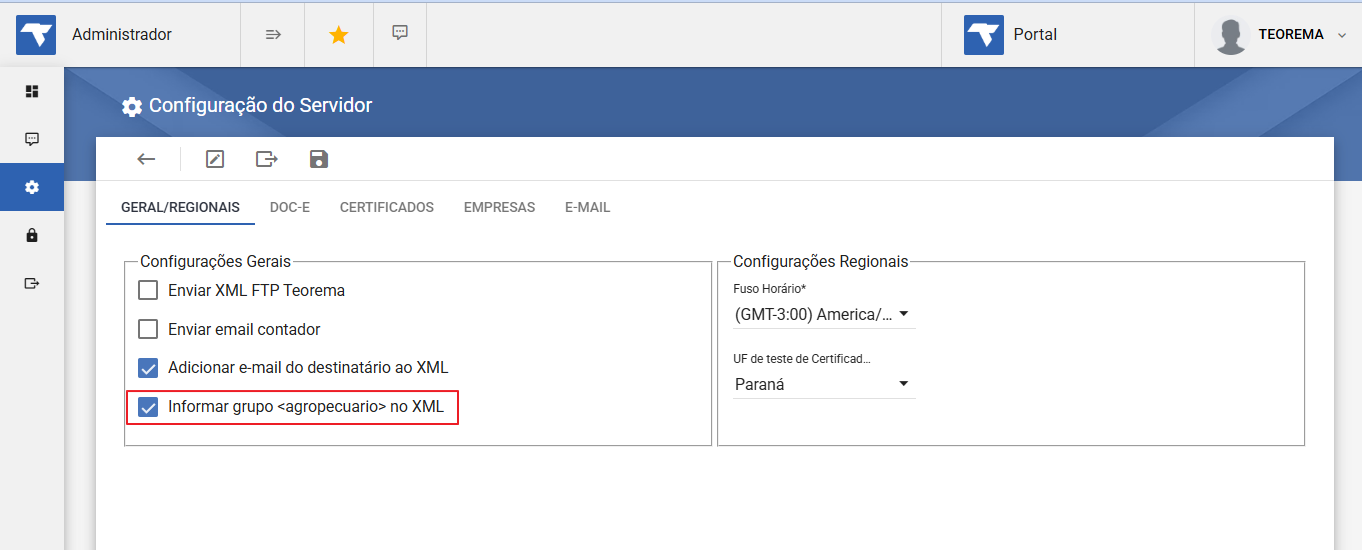 Tela Configuração do Servidor — aba GERAL/REGIONAIS com o campo "Informar grupo <agropecuario> no XML" marcado