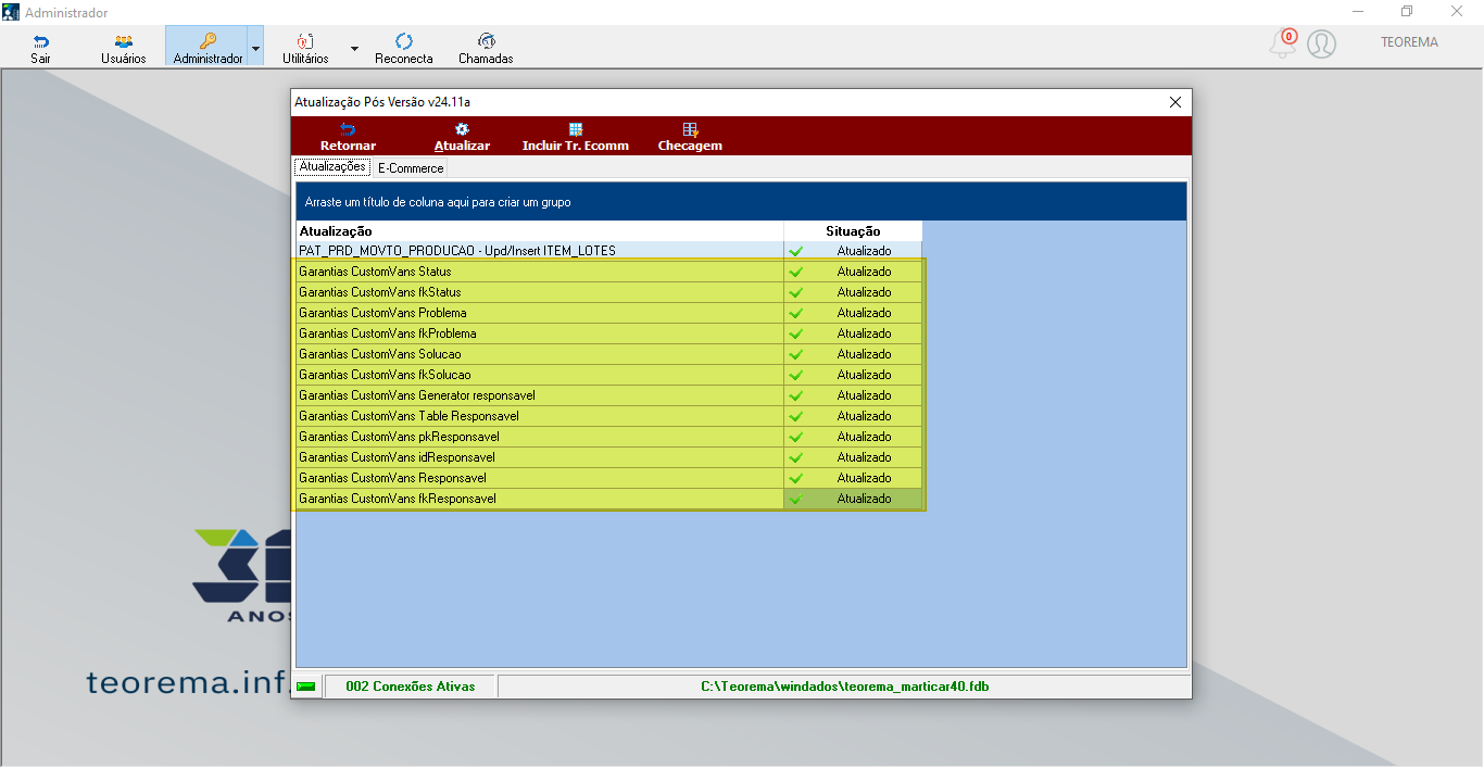 Tela "Atualização Pós Versão v24.11a" exibindo lista de scripts Garantias CustomVans — Status, fkStatus, Problema, fkProblema, Solucao, fkSolucao, Generator responsavel, Table Responsavel, pkResponsavel, idResponsavel, Responsavel, fkResponsavel — todos com situação "Atualizado"