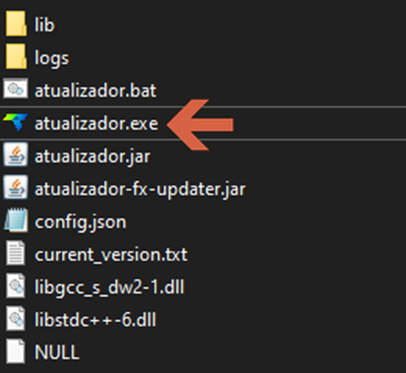 Pasta de instalação do servidor de notas exibindo os arquivos: lib, logs, atualizador.bat, atualizador.exe (destacado com seta), atualizador.jar, atualizador-fx-updater.jar, config.json, current_version.txt, libgcc_s_dw2-1.dll, libstdc++-6.dll, NULL