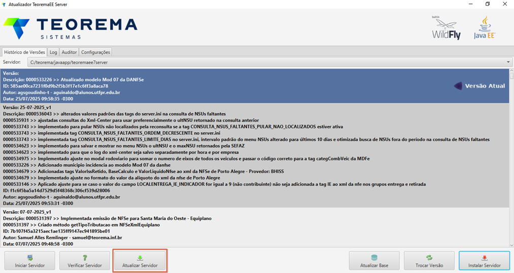 Tela principal do Atualizador TeoremaEE Server exibindo histórico de versões no log e botões "Iniciar Servidor", "Verificar Servidor", "Atualizar Servidor", "Atualizar Base", "Trocar Versão" e "Instalar Servidor" na barra inferior, com o botão "Atualizar Servidor" em destaque