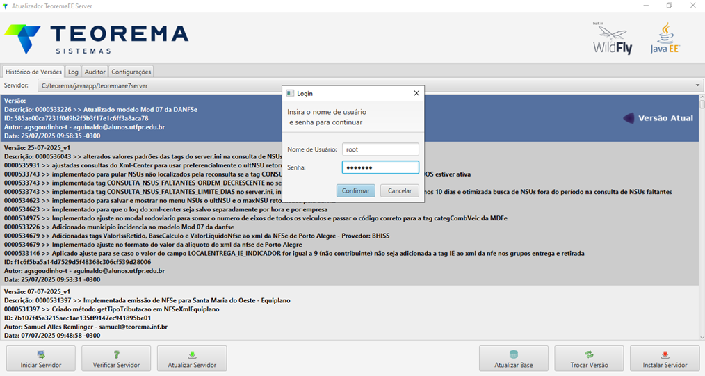 Janela "BT Login" sobreposta à tela do Atualizador TeoremaEE Server, com campos "Nome de Usuário" (preenchido com "root") e "Senha" (mascarada), e botões "Confirmar" e "Cancelar"