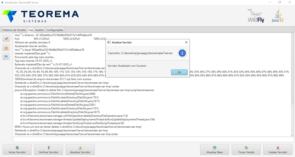 Tela do Atualizador TeoremaEE Server com caixa de diálogo "Atualizar Servidor" exibindo a mensagem "Servidor Atualizado com Sucesso!" e botão "OK"