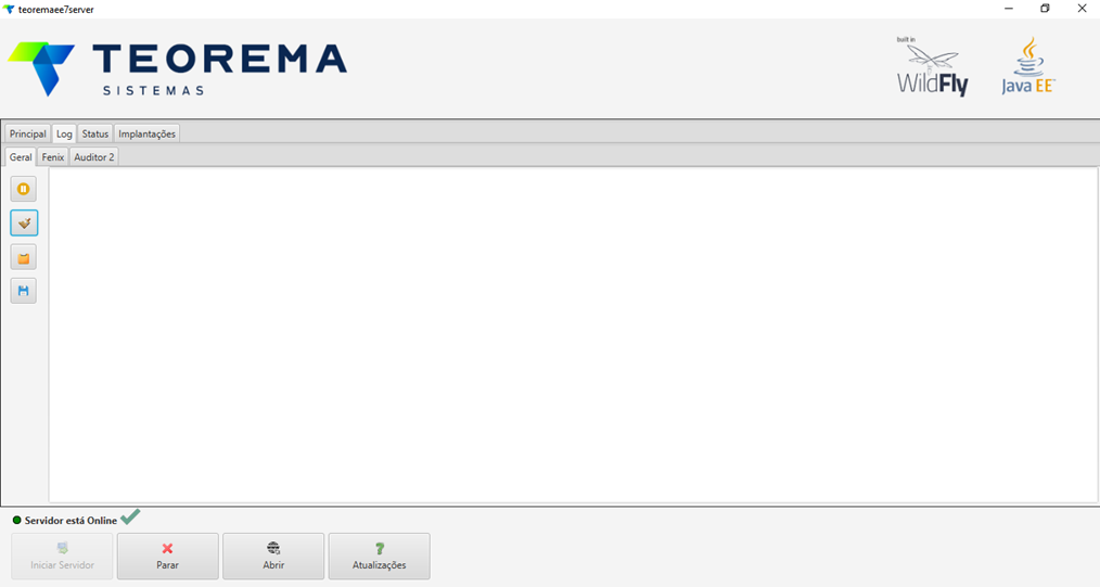 Tela principal do teormaeee7server com abas Principal, Log, Status e Implantações; barra inferior exibindo "Servidor está Online" com ícone verde e botões "Iniciar Servidor" (desabilitado), "Parar", "Abrir" e "Atualizações"