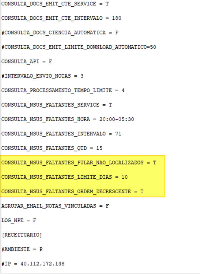 Arquivo server.ini aberto em editor de texto exibindo diversas tags de configuração; as linhas CONSULTA_NSUS_FALTANTES_PULAR_NAO_LOCALIZADOS = T, CONSULTA_NSUS_FALTANTES_LIMITE_DIAS = 10 e CONSULTA_NSUS_FALTANTES_ORDEM_DECRESCENTE = T aparecem destacadas em amarelo